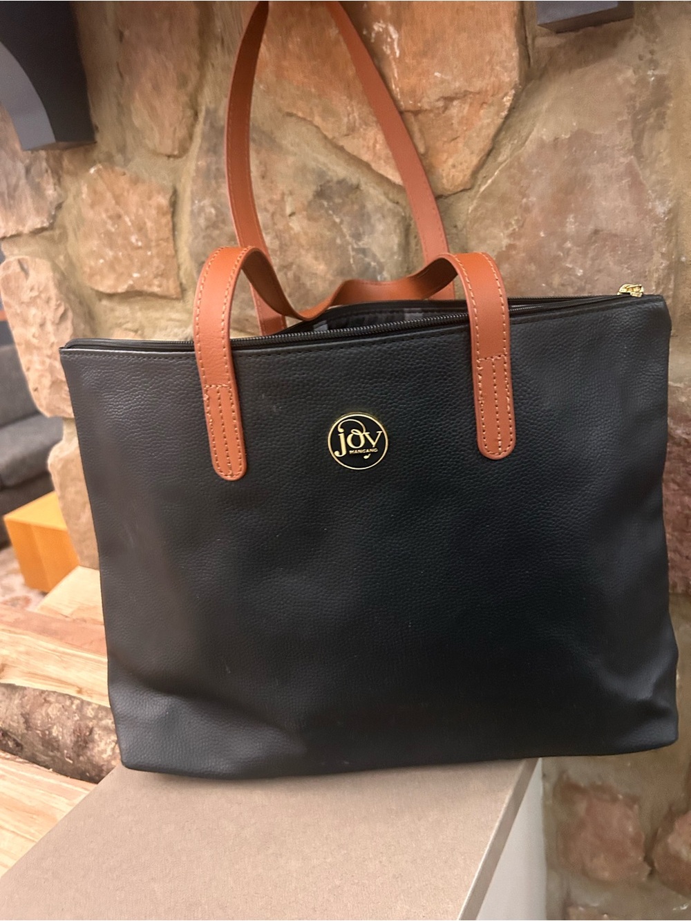 Tote Joy Mangano Black Tote with Tan Handles and Gold Logo Emblem